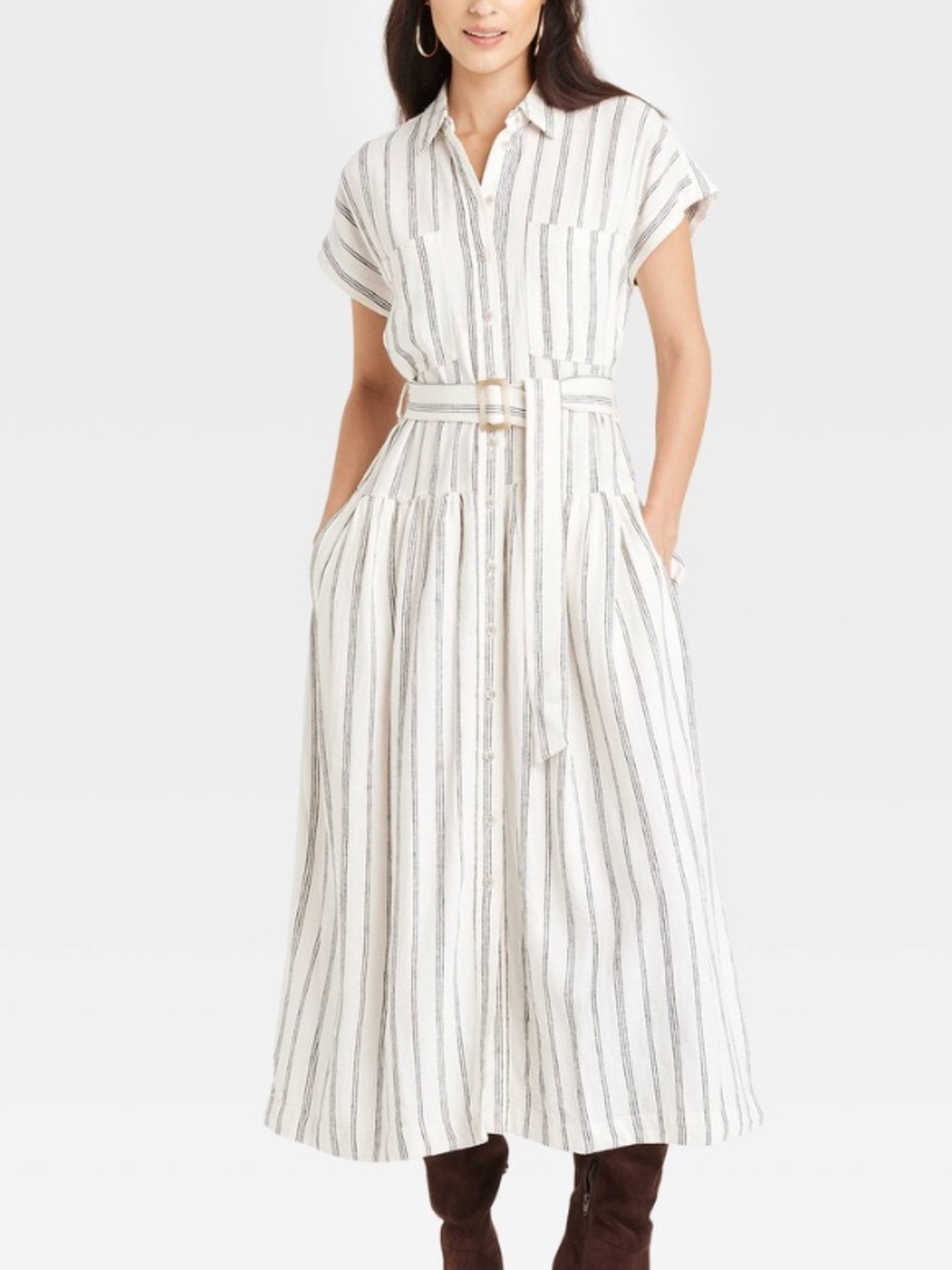 Universal Thread Cream and Gray Striped Midi Shirt Dress